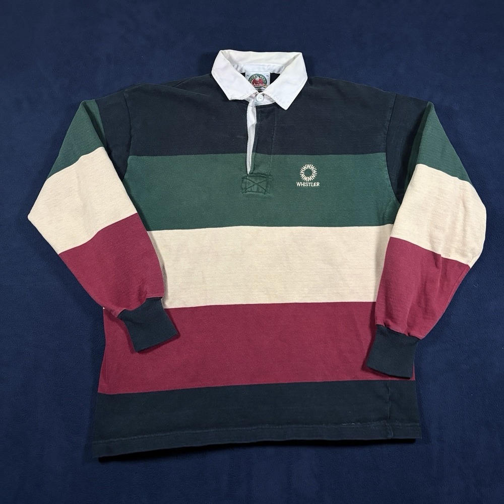 Vtg 90s Barbarian Whistler Canada Rugby Shirt XL Striped Heavy Cotton Jersey